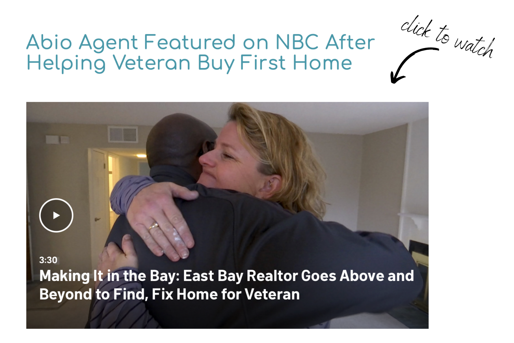 NBC news clip featuring a VA home loan recipient hugging real estate agent Mariah Bradford 